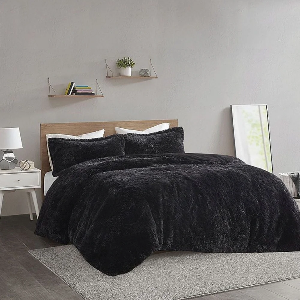 Intelligent Design Malea Black Shaggy Faux Fur Duvet Cover Full Queen Set